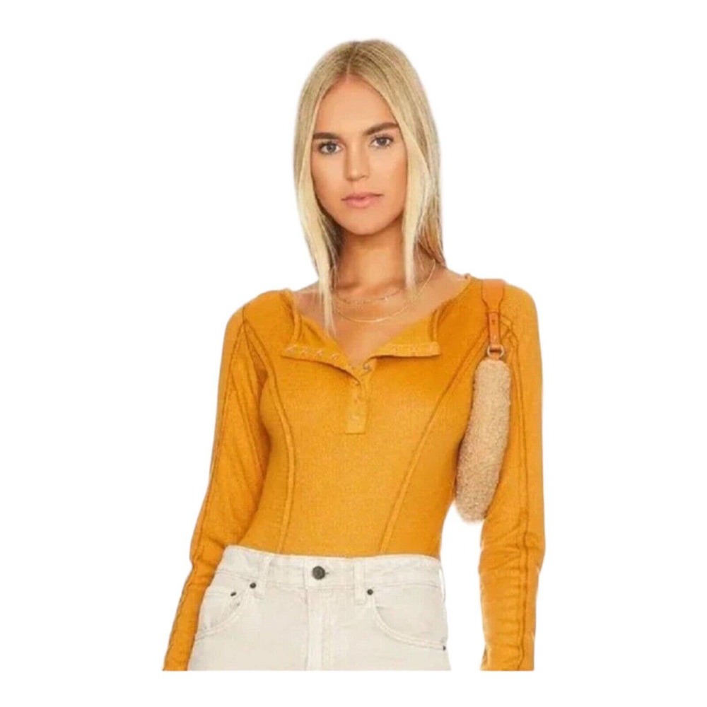 Free People Sloane Bodysuit Thermal Dark Yellow XS New - Picture 13 of 13